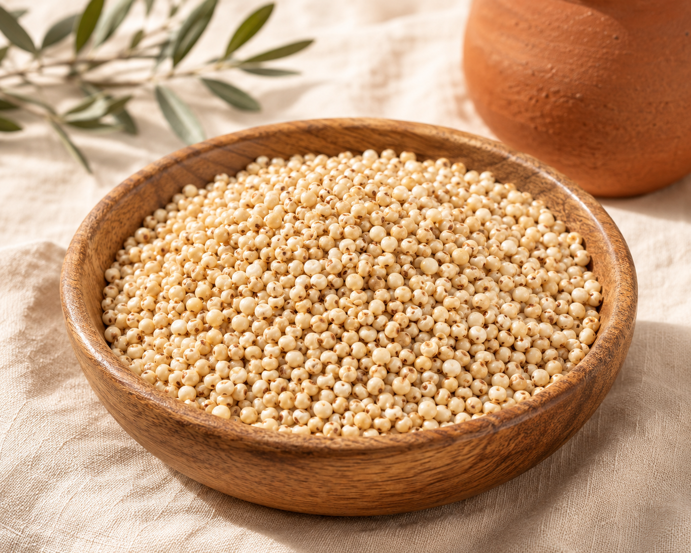 Pale sorghum grains in a wooden bowl