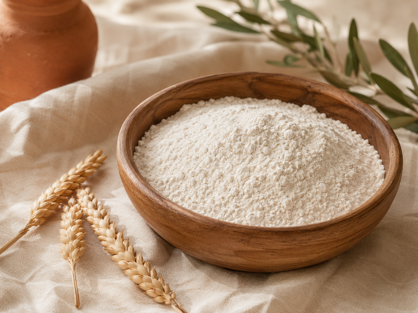 Fine spelt flour in a wooden bowl